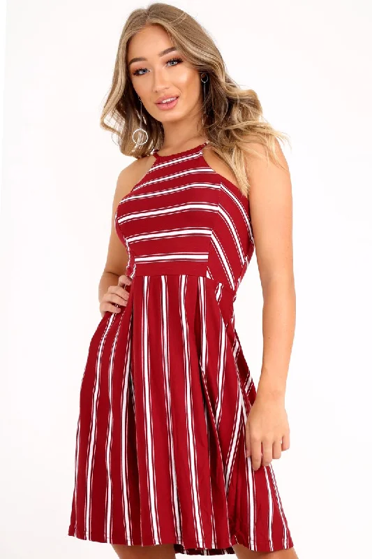 Red Stripe Multi Strap Skater Dress - Kadince Sequin unclassified dresses