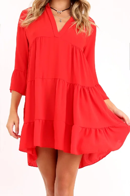 Red Tiered Ruffle Shift Dress - Abri Minimalist unclassified dresses