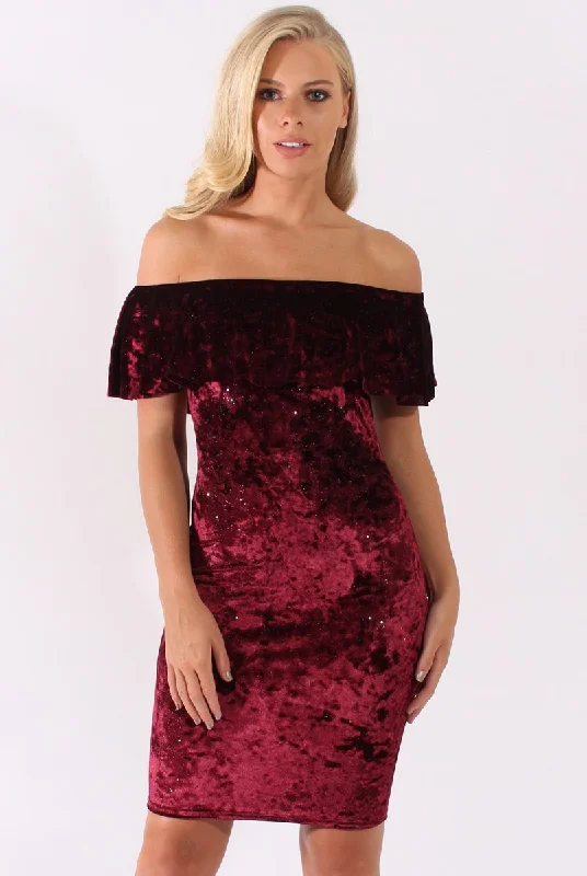 Red Velvet Sparkle Bardot Frill Dress - Bree High-low unclassified dresses