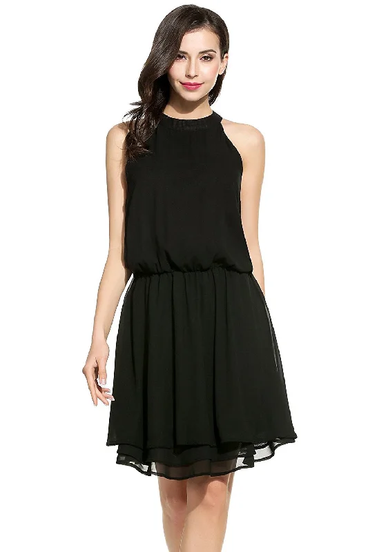 Ruffled Keyhole Back Pleated Chiffon Dress Color block unclassified dresses