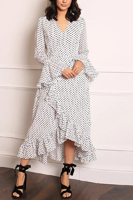 Ruffled Polka Dot V-neck Swing Dress Satin unclassified dresses