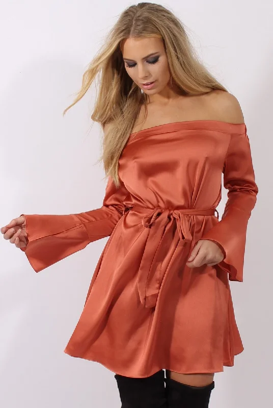 Rust Silky Bardot Tie Waist Dress - Esther Everyday wear unclassified dresses