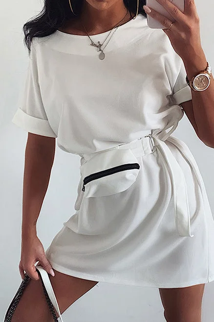 Scoop Roll Up Sleeve Casual Dress With Belt Festival unclassified dresses