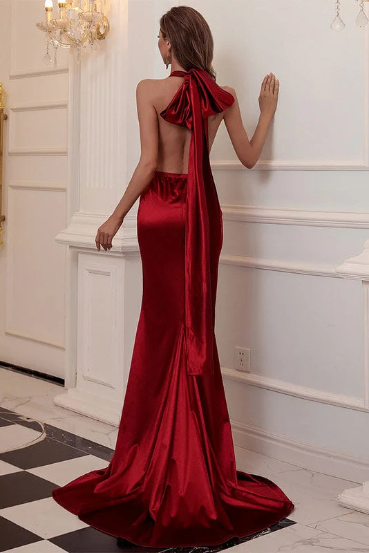 Sexy Deep V-Neck Backless Burgundy Evening Dress Tiered unclassified dresses