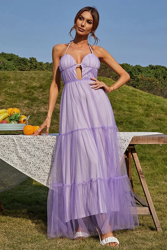 Sexy Lilac Halter Open Back A-Line Prom Evening Dress Ruffled unclassified dresses