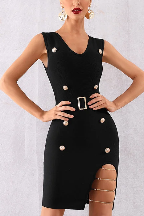 Sexy V-neck Button Belt Bandage Dress Affordable unclassified dresses