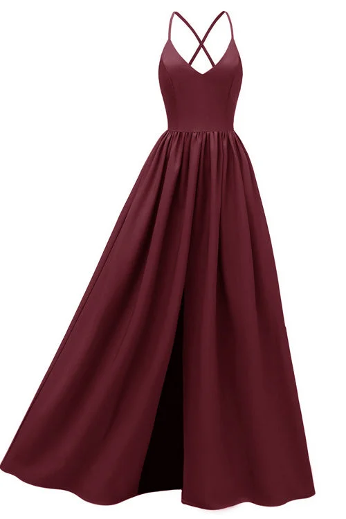 Simple Burgundy A-Line Backless Prom Gown Evening Dress Beaded unclassified dresses