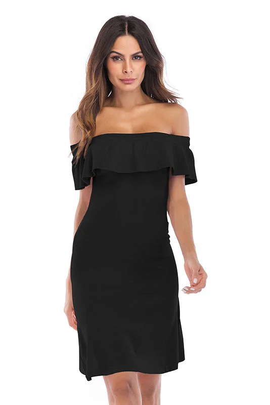 Solid Off-the-shoulder Ruffled Trim Fitted Dress Street style unclassified dresses