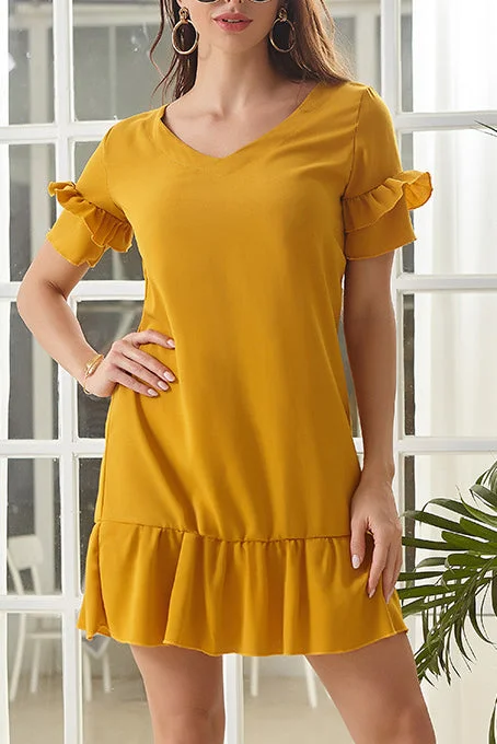 Solid Ruffled Trim Chiffon Dress Color block unclassified dresses