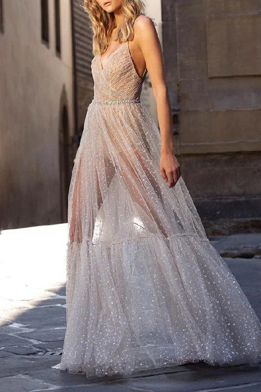 Sparkly See Through Backless Cami Dress Tiered unclassified dresses