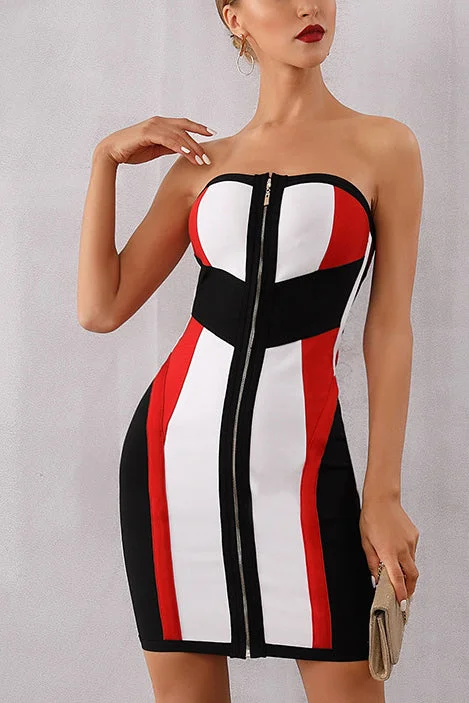 Striped Color-block Strapless Zip Front Bandage Dress Fall unclassified dresses