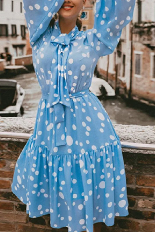 Tie Neck Polka Dot Ruffle Dress Cotton unclassified dresses