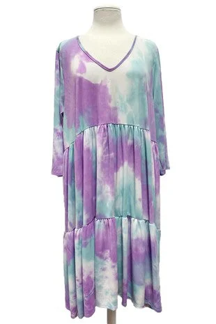 Tiered Ruffled Tie Dye Dress 3Qtr Sleeves High-end unclassified dresses