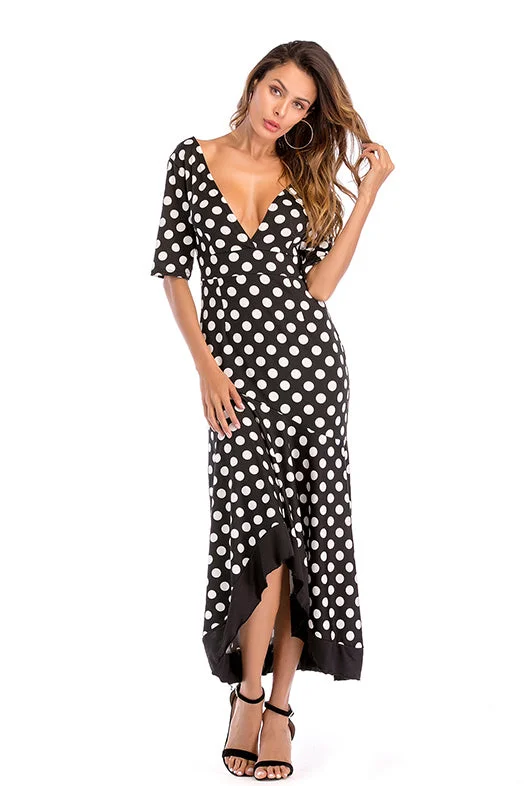 V-neck Polka Dot Asymmetrical Ruffle Hem Backless Dress Satin unclassified dresses