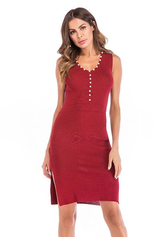 V Neck Slit Beaded Knit Fitted Dress Off-shoulder unclassified dresses