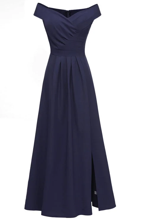 Vintage Dark Navy Off-the-shoulder Slit Prom Dress Long sleeve unclassified dresses