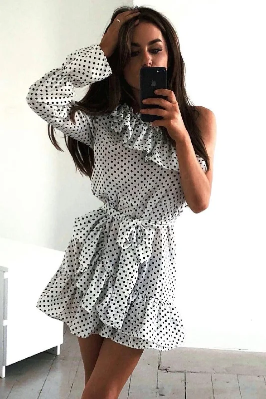 White and Black Polka Dot One Shoulder Frill Dress - Zyann Knitted unclassified dresses