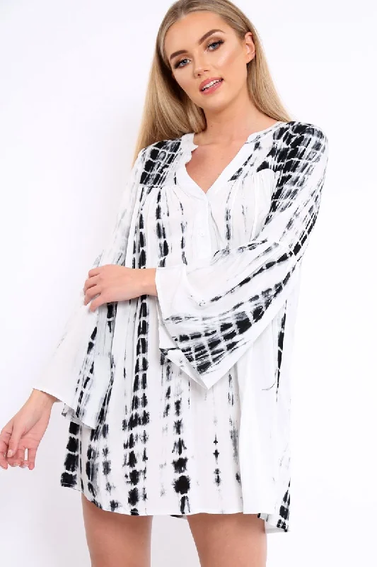 White and Black Tie Dye Smock Dress - Peony Y2K unclassified dresses