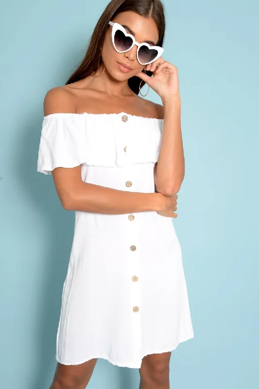 White Bardot Frill Button Front Dress - Julissa Designer unclassified dresses