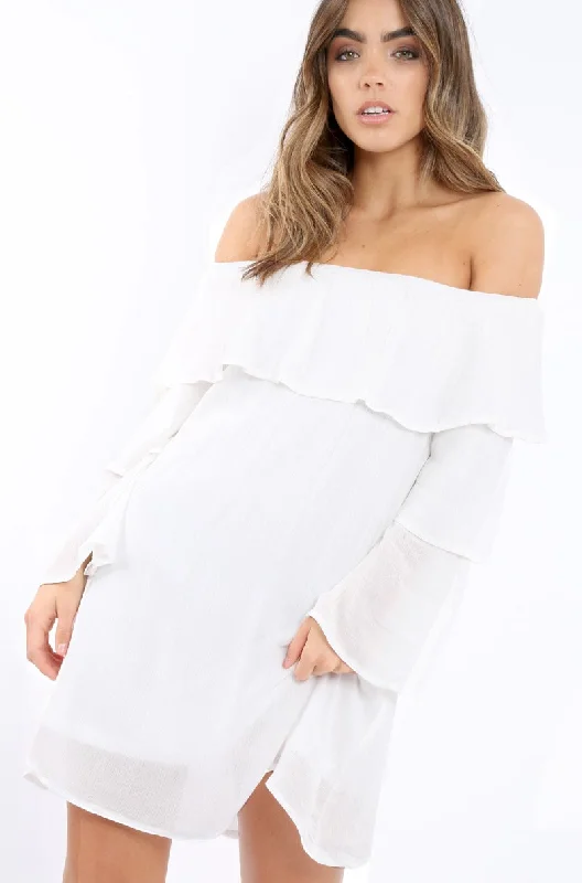 White Bardot Frill Shift Dress - Lucina Summer unclassified dresses