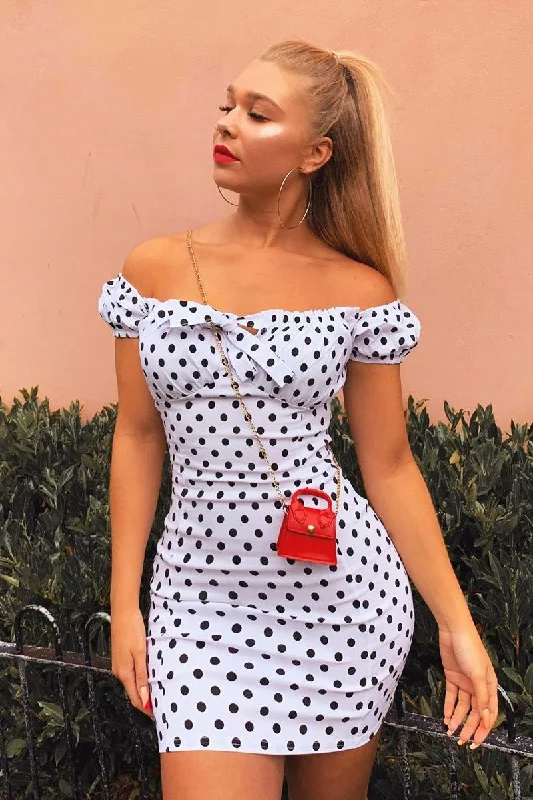 White Black Polka Bardot Milkmaid Dress - Roya Backless unclassified dresses