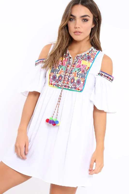 White Cold Shoulder Shift Dress with Aztec Embroidery - Elodie Smocked unclassified dresses