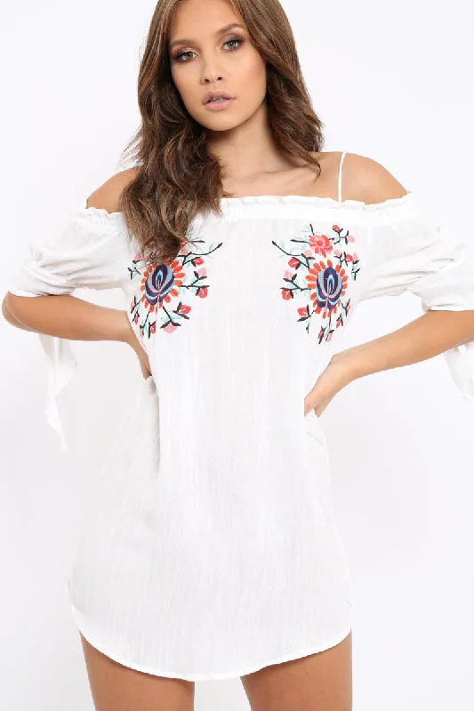 White Flower Embroidered Shift Dress - Isolde Breathable unclassified dresses