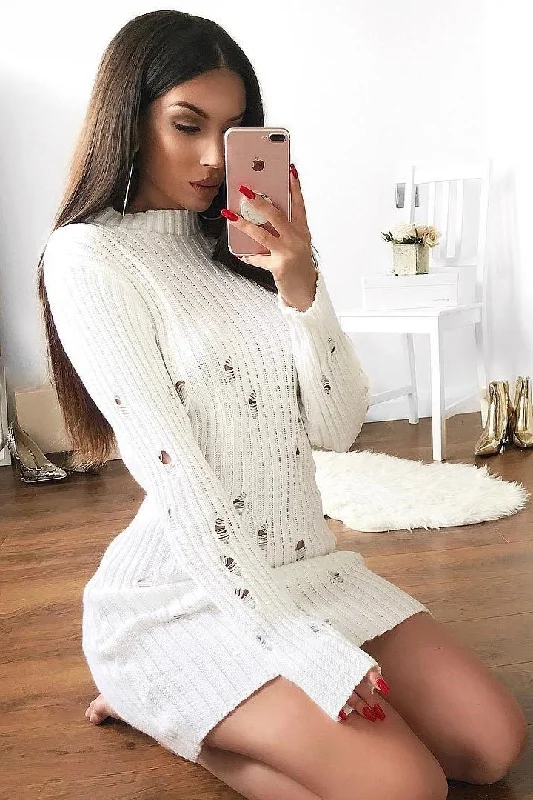 White Knit Distressed Jumper Dress - Cheryl Women's unclassified dresses