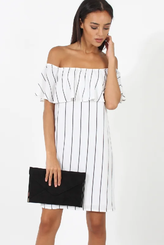 White Pinstripe Bardot Dress - Pip Corset unclassified dresses