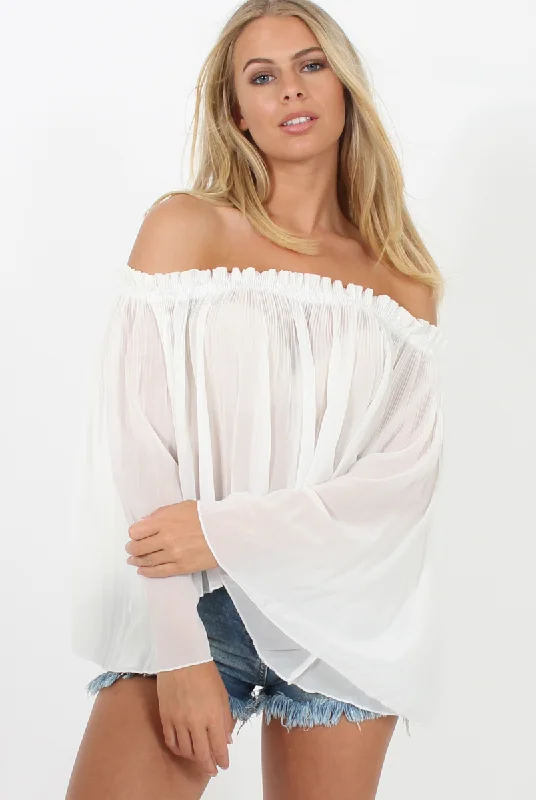 White Pleated Three Quarter Bell Sleeve Crop - Stacey Unique unclassified dresses