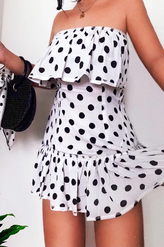 White Polka Dot Bardot Frill Dress - Izadora Club unclassified dresses