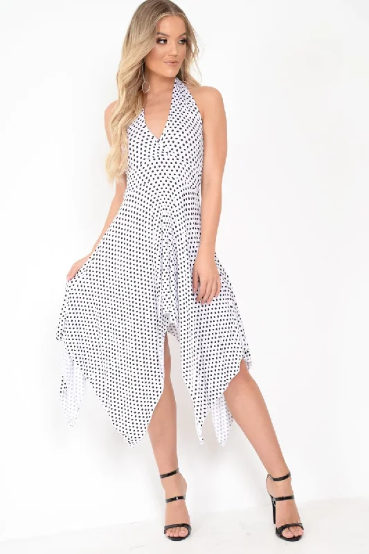 White Polka Dot Halterneck Tiered Hem Dress - Cailie Stretchy unclassified dresses