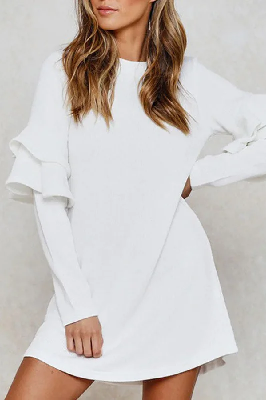 White Round Neck Ruffle Sleeve Dress Bright color unclassified dresses