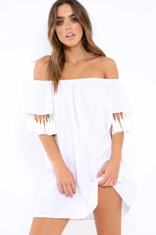 White Shift Dress With Tassle Sleeves - Danielle A-line unclassified dresses