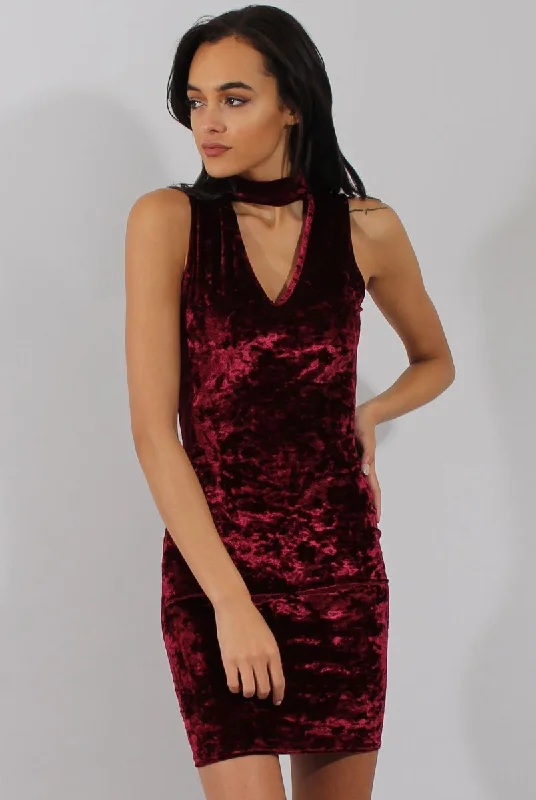 Wine Crushed Velvet Choker Dress - Serina Popular unclassified dresses