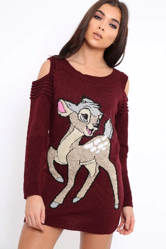 Wine Festive Deer Cold Shouldered Jumper Dress - Catarina Street style unclassified dresses