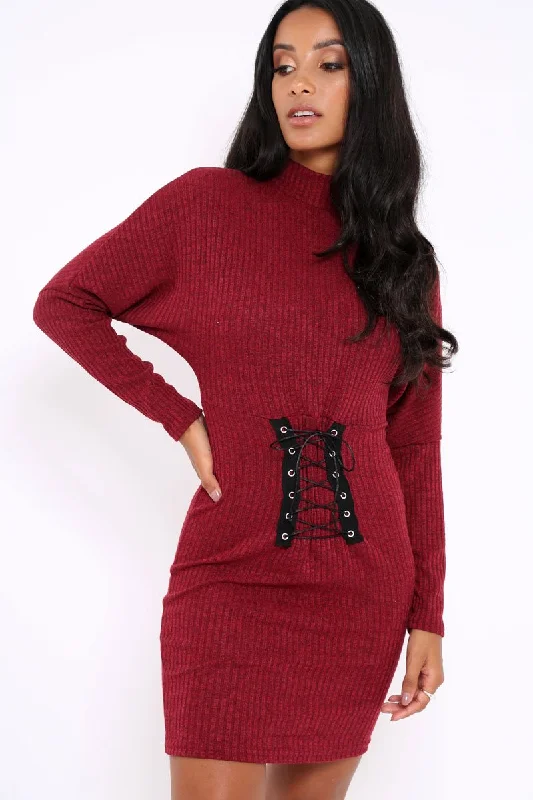 Wine High Neck Corset Front Ribbed Jumper Dress - Miah Backless unclassified dresses