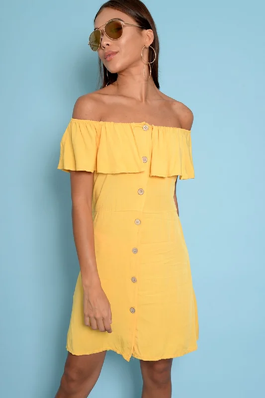 Yellow Bardot Frill Button Front Dress - Julissa Monochrome unclassified dresses