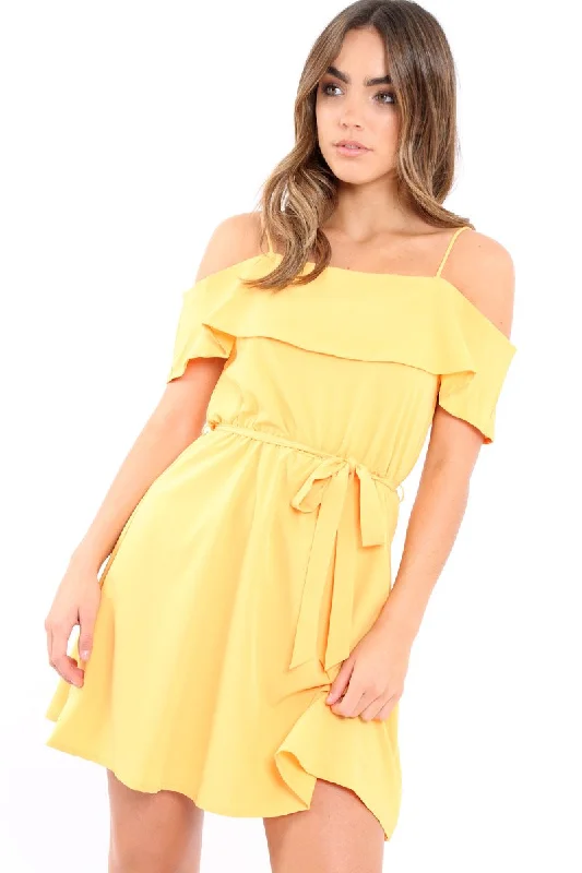 Yellow Cold Shoulder Frill Tie Waist Dress - Selah Beaded unclassified dresses