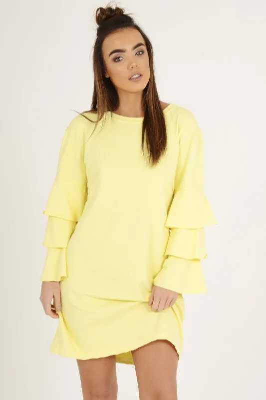 Yellow Frilled Sleeve Swing Dress - Aaria Cotton unclassified dresses