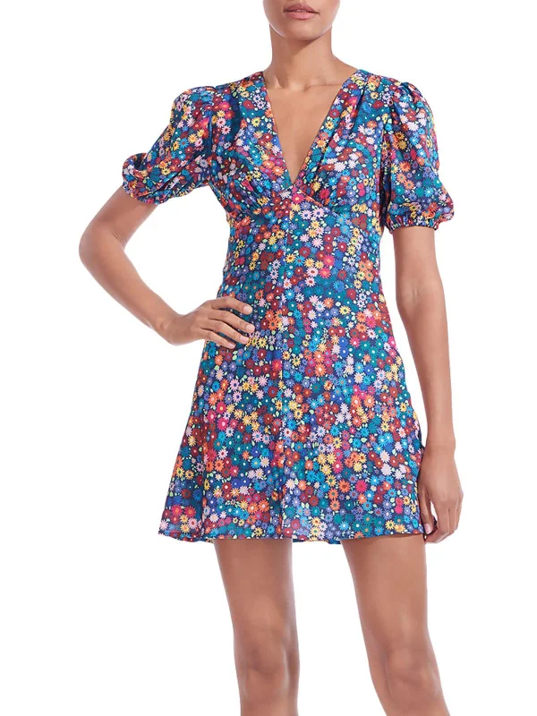 Womens Floral Print V Neck Mini Dress Boho Mini Skirt