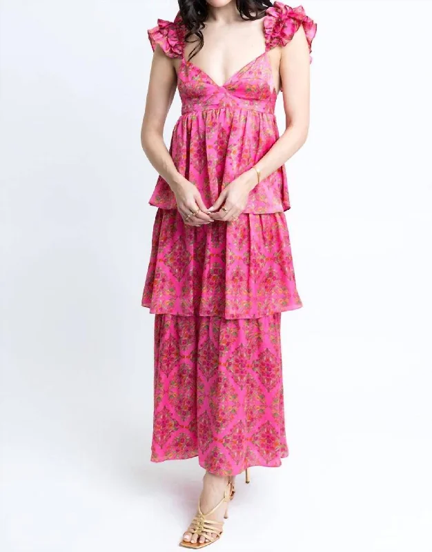 Floral Ruffle Maxi Dress In Pink Button-front Maxi Skirt