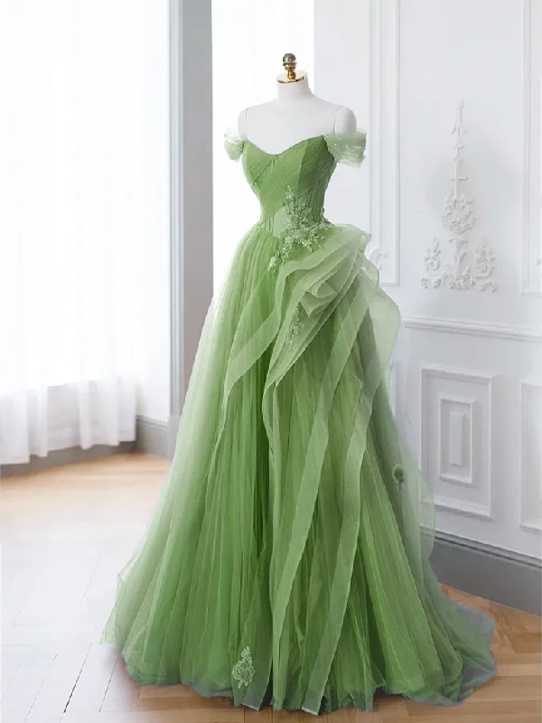 Green A-Line Off Shoulder Long Prom Dress Lace Long Evening Dress Pleated Floral Maxi