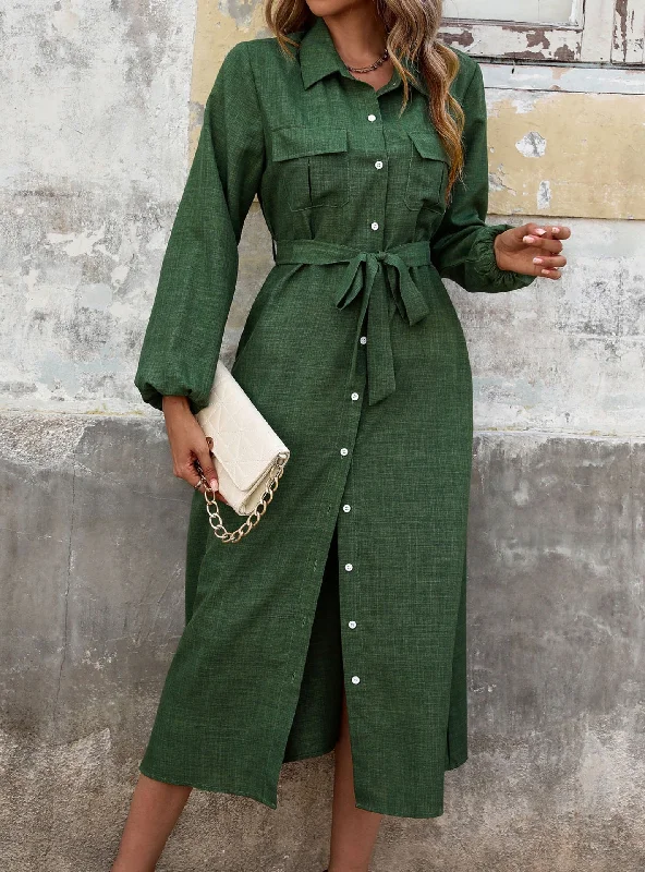 Lapel Green Long Sleeve Solid Color Dress V-neck Maxi Skirt