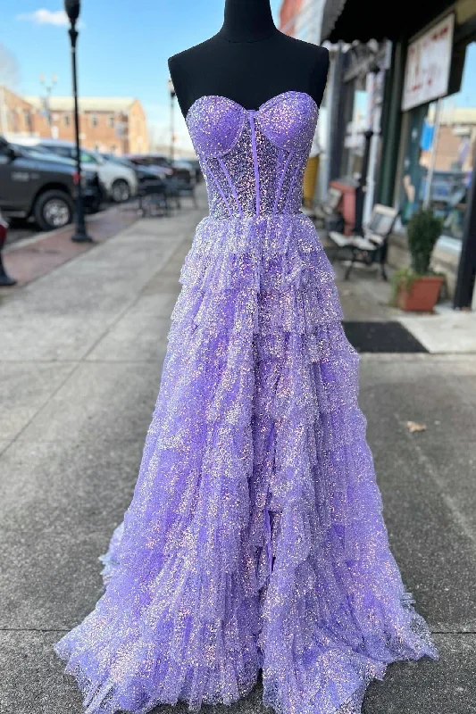 Lavender Glitter Tulle Corset Ruffle Tiered Long Prom Dress with Slit Flowing Boho Skirt