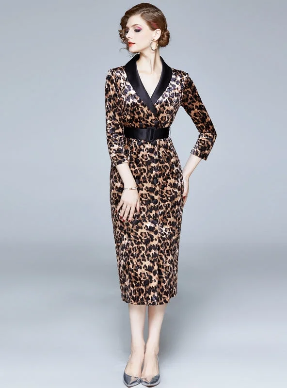 Leopard Long Sleeve Vintage Dress with Belt Button-up Maxi Skirt