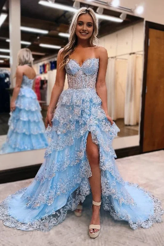 Light Blue Strapless Ruffle Tiered Long Prom Dress with Slit Sexy Long Skirt