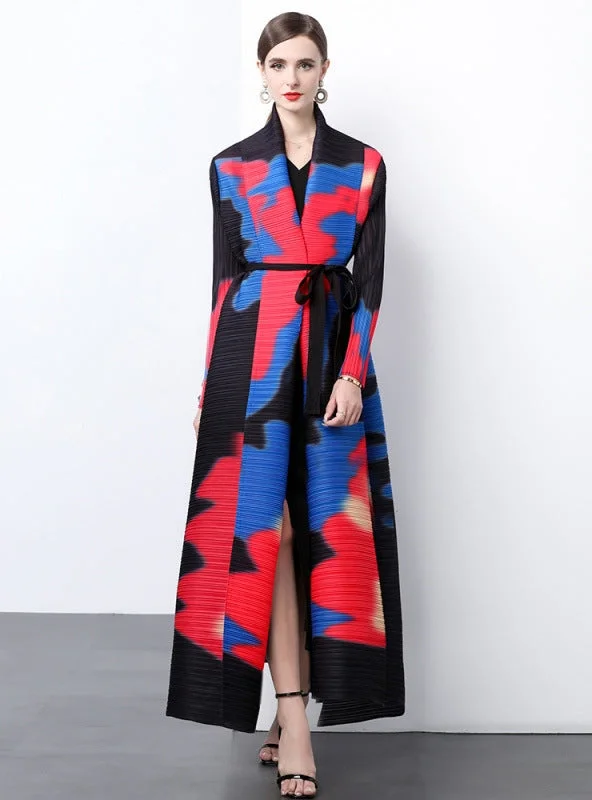 Long Sleeve Pleats Loose Large Print Coat Black Maxi Skirt