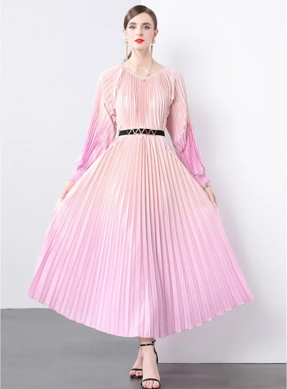 Long Sleeve Print Oversized Pleated Dress Printed Long Skirt