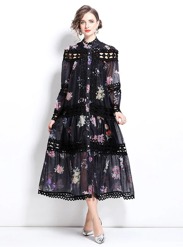 Palace Printed Long Sleeve Buttons Dress Maxi Skirt Set